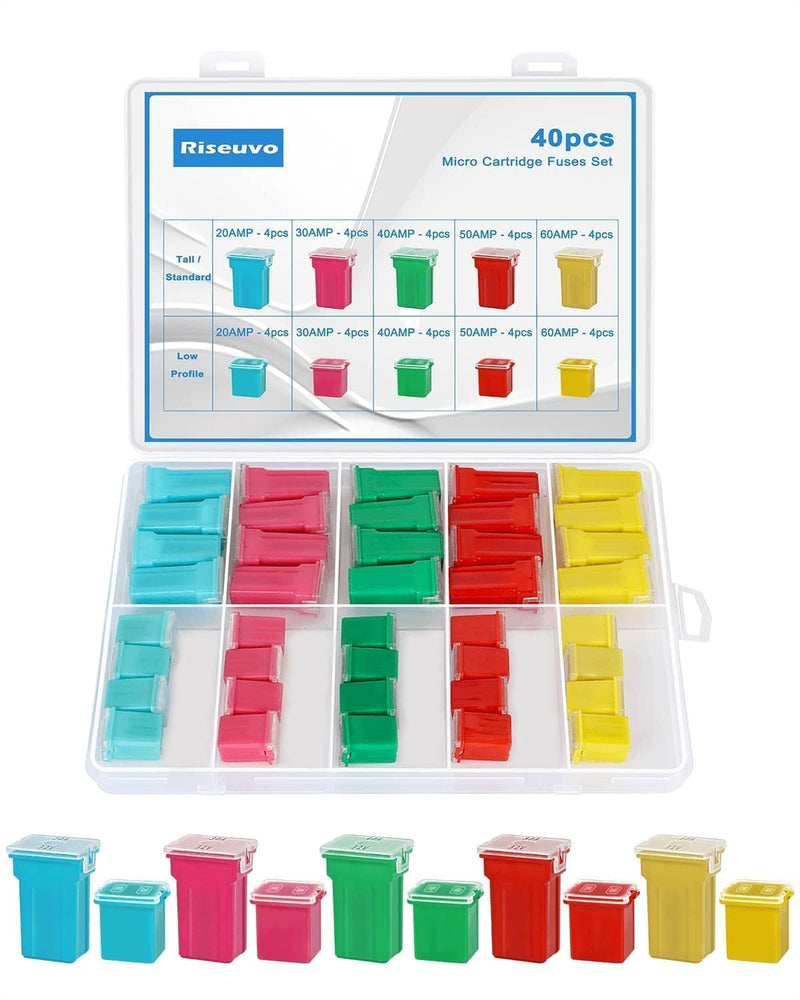 Riseuvo 40 Pcs Car Cartridge Fuses - Automotive Jcase Fuses Assortment Kit Low Profile and Tall/Standard Box Shaped Fuses 20A 30A 40A 50A 60A for RV, SUV, Cars, Boats