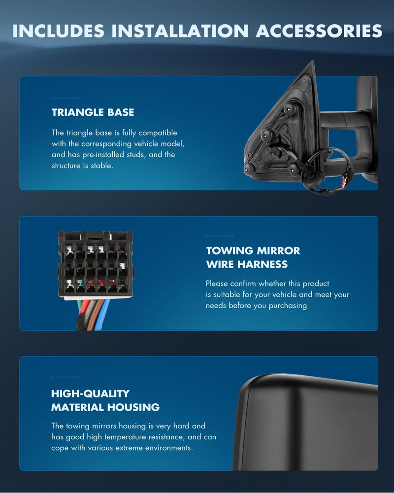 ECCPP tow mirrors for Chevy and GMC trucks, power-adjusted, heated, with turn signal, black housing, for 2014-2019 models.