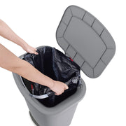 Glad large grey kitchen trash can with step-on foot pedal, lid with odor protection, and garbage bag rings, 20-gallon capacity.