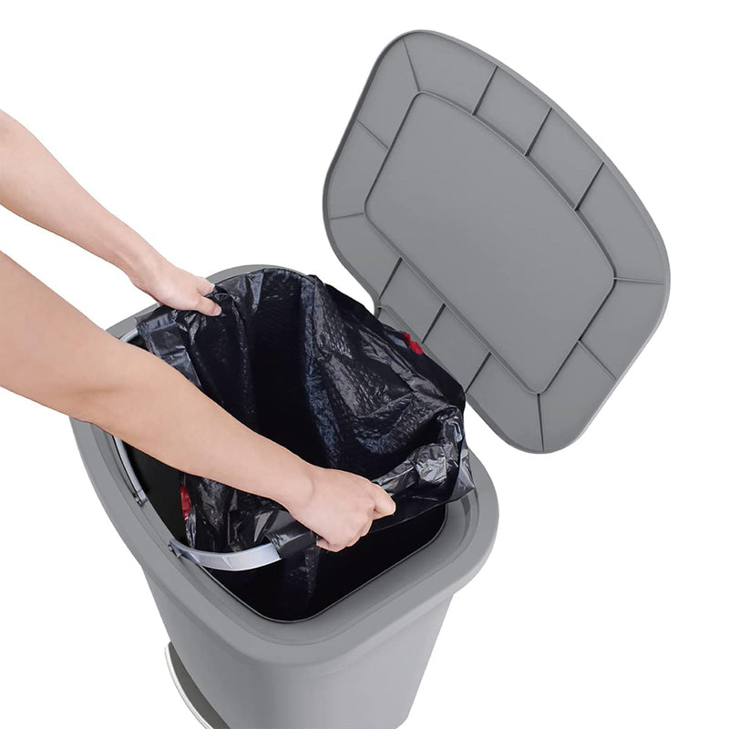 Glad large grey kitchen trash can with step-on foot pedal, lid with odor protection, and garbage bag rings, 20-gallon capacity.