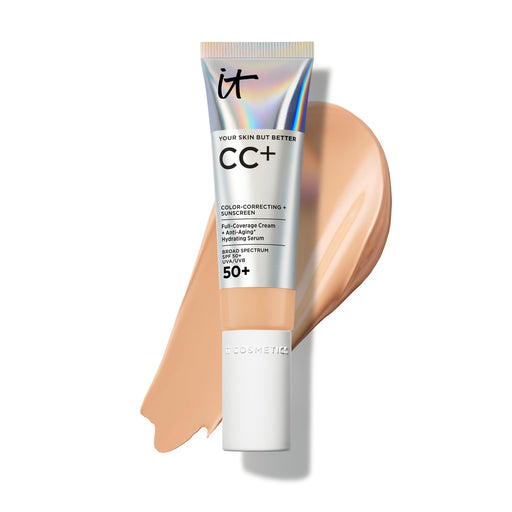 IT Cosmetics CC+ Cream in Medium with SPF 50+ and hydrating serum, featuring a pump dispenser, lightweight and full coverage.