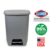 Glad large grey kitchen trash can with lid, foot pedal, odor protection, and 20-gallon capacity, featuring garbage bag rings.