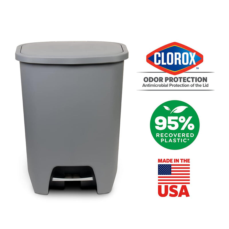 Glad large grey kitchen trash can with lid, foot pedal, odor protection, and 20-gallon capacity, featuring garbage bag rings.