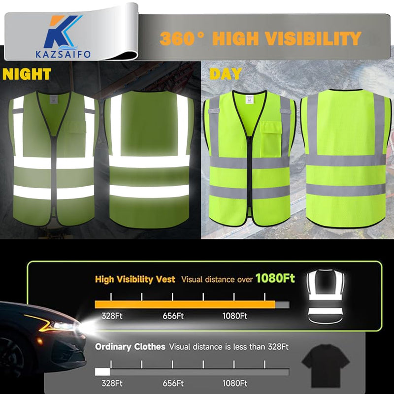 Kazsaifo Hi Vis Reflective Safety Vest for Men Women with Chest Pocket Mesh High Visibility Class 2 Construction Vest,Meets ANSI/ISEA Standard(KZ179-Yellow-L)