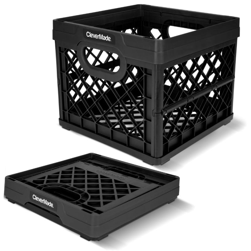 CleverMade Collapsible Milk Crate, Obsidian, 1PK - 25L (6 Gal) Stackable Storage Bins, Holds 50lbs Per Bin - Clevercrates are Heavy Duty, Plastic Collapsible Storage Crate for Multi Purposes