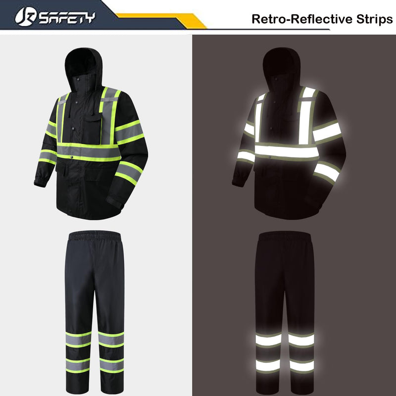 JKSafety Hi-Vis Reflective Safety Rain Jacket and Pants for Men Women Waterproof Rain Gears for Farming Fishing Work HV Rain Suit with Inner Mesh Lining and Pockets (117-Black XL)