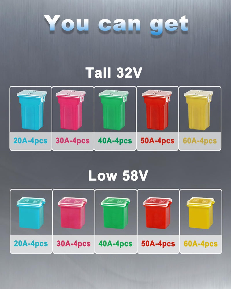 Riseuvo 40 Pcs Car Cartridge Fuses - Automotive Jcase Fuses Assortment Kit Low Profile and Tall/Standard Box Shaped Fuses 20A 30A 40A 50A 60A for RV, SUV, Cars, Boats