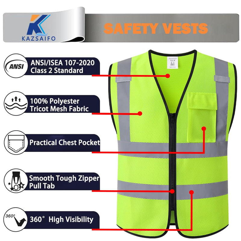 Kazsaifo Hi Vis Reflective Safety Vest for Men Women with Chest Pocket Mesh High Visibility Class 2 Construction Vest,Meets ANSI/ISEA Standard(KZ179-Yellow-L)