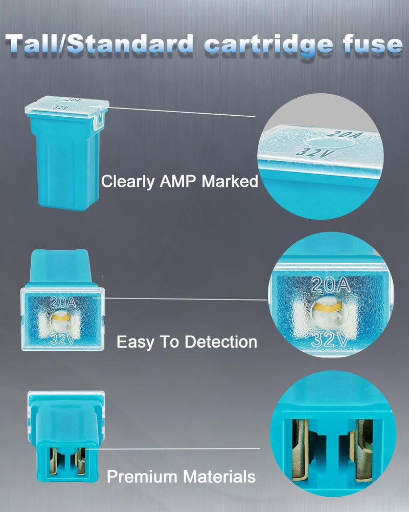 Riseuvo 40 Pcs Car Cartridge Fuses - Automotive Jcase Fuses Assortment Kit Low Profile and Tall/Standard Box Shaped Fuses 20A 30A 40A 50A 60A for RV, SUV, Cars, Boats