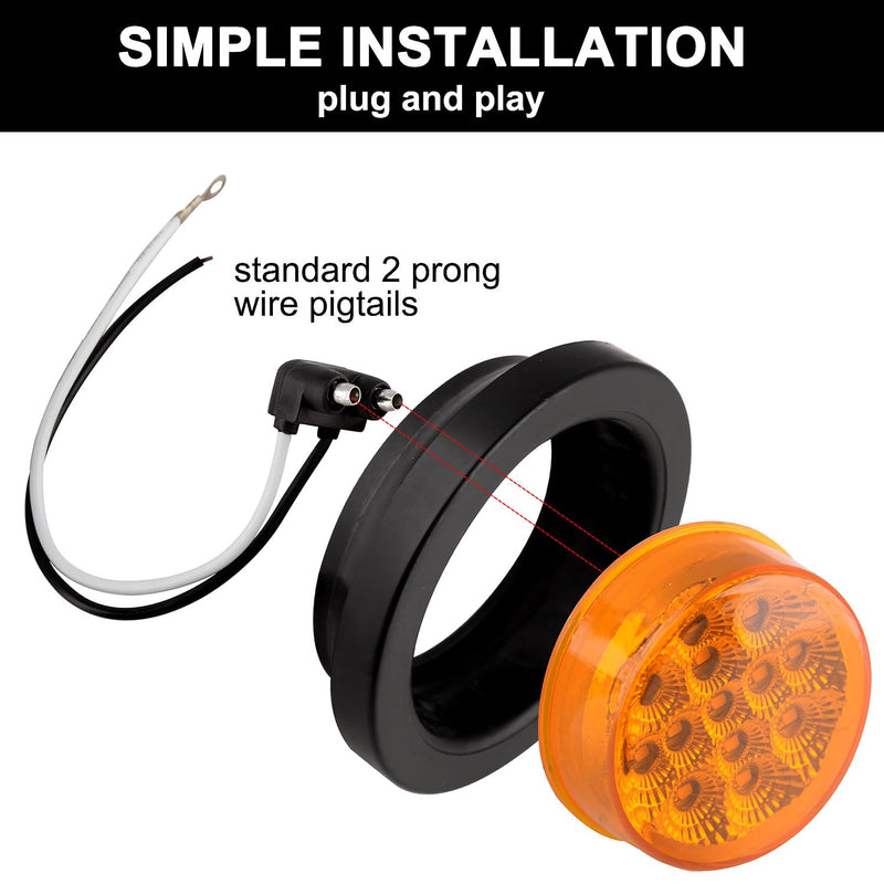 Konrali 16-pack 2.5-inch amber round LED marker lights with reflectors, sealed flush mount with grommets and 2-prong wire pigtails.