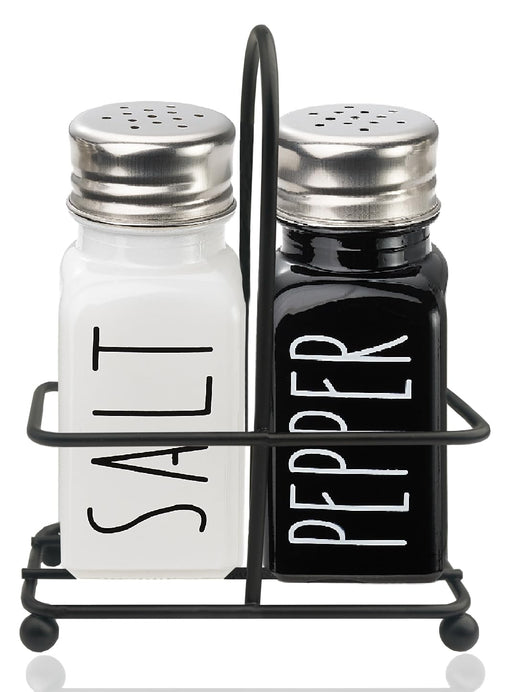 Black & White Glass Salt And Pepper Shakers Set With Stainless Steel Lid,Farmhouse Decor for Kitchen,Kitchen Gadgets for Thanksgiving,Cute Salt Shaker With Mental Holder,No Rubbing Off(BLACK & WHITE) - Durrett Recovery