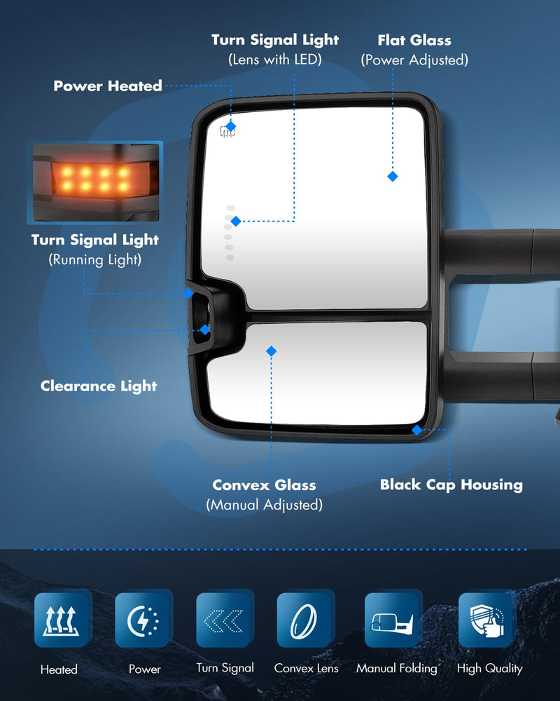 ECCPP tow mirrors for Chevy and GMC 1500, 2500 HD, 3500 HD with black housing, heated, power-adjusted, and turn signal lights.