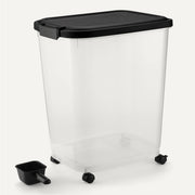 Amazon Basics pet food storage container with rolling wheels, BPA-free design, detachable scoop, 50lb capacity, for easy pet food storage.