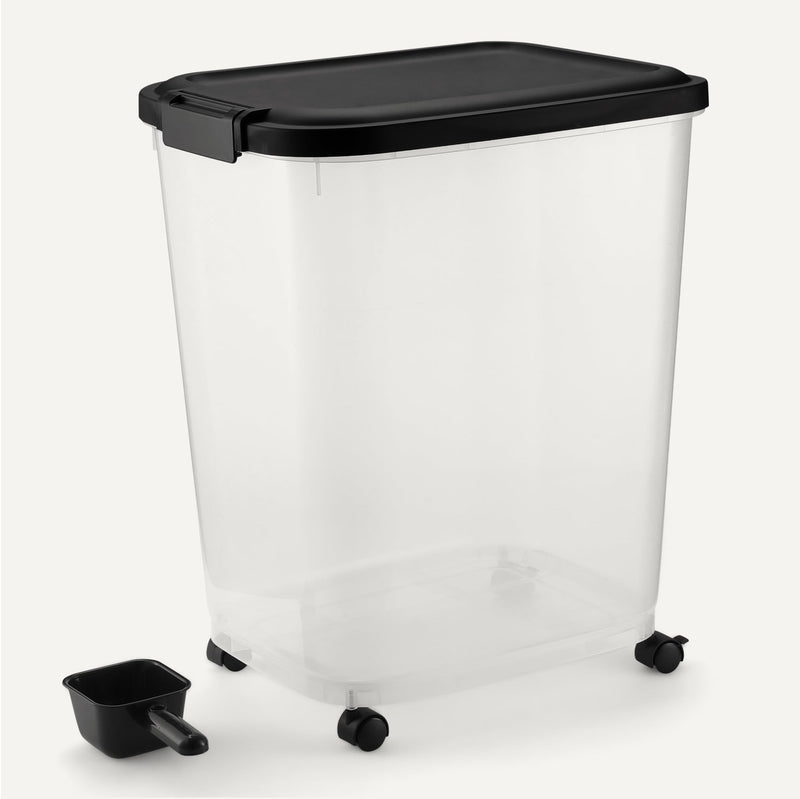 Amazon Basics pet food storage container with rolling wheels, BPA-free design, detachable scoop, 50lb capacity, for easy pet food storage.