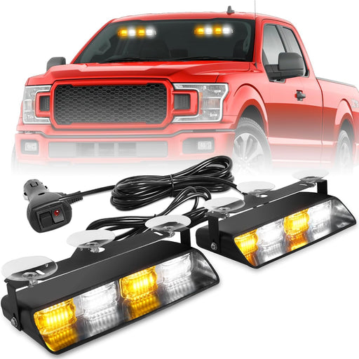 2002L Emergency Dash Strobe Lights: Amber White Safety Lights, Flashing Warning Hazard Windshield Visor Traffic Light Bars for Trucks, Construction Vehicles (2X8.5 Inch, 48LED)