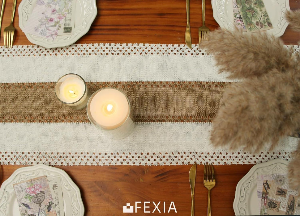 Boho Table Runner for Summer Home Decor with Tassels 72 Inches Long Farmhouse Rustic Table Runner Macrame Burlap Table Decoration for Living Room Bridal Shower(12X72 Inches)