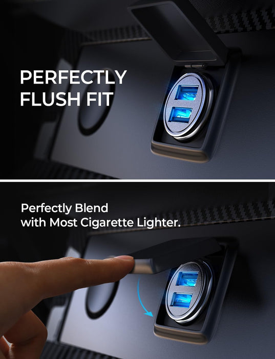Car Charger Adapter【Smallest Metal】 4.8A Cigarette Lighter USB Car Charger Adapter Dual Port 12V USB Outlet Flush Fit for Iphone 16 Pro Max/15/14 Ipad Air Samsung Galaxy S25 S24 Ultra,Black