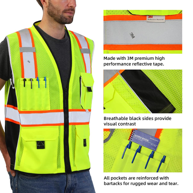 Dib Safety Reflective Vest Yellow Mesh, High Visibility Vest with Pockets and Zipper, ANSI Class 2 Heavy Duty, Made with 3M Reflective Tape L