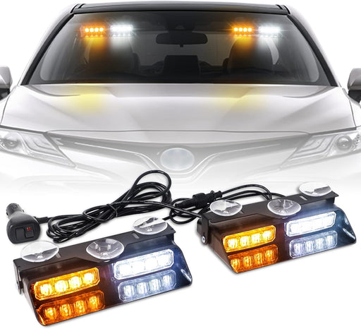 2 in 1 Emergency Dash Strobe Lights Interior Windshield Lights Amber White Warning Hazard Safety Flashing W/Suction Cups for Construction Vehicles, Trucks Car (2×7.16 Inch, 16 LED)
