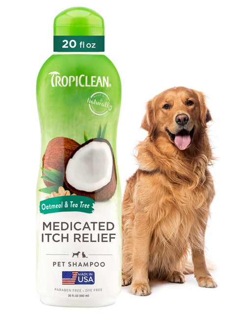 TropiClean oatmeal dog shampoo bottle for soothing itchy skin, includes vitamin E, safe for puppies and cats, 20 oz.