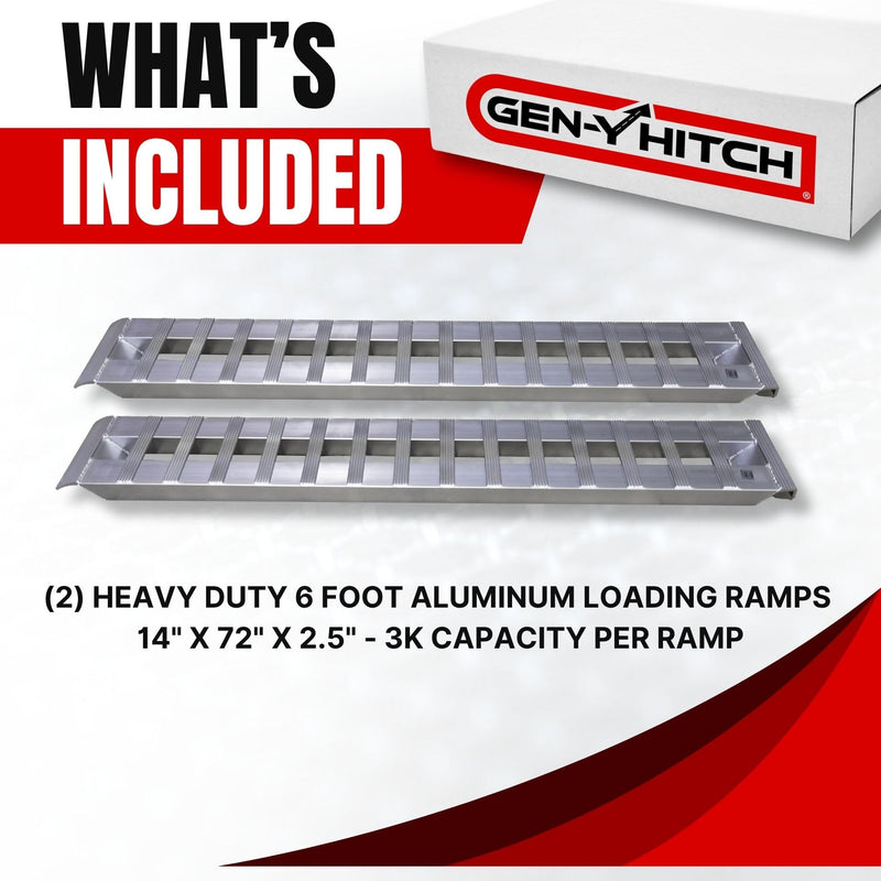 GEN-Y Hitch Heavy Duty Aluminum Loading Ramps - Set of 2, 6 Foot Long x 14 Inches Wide, 6000 lbs Capacity, Hybrid Hook and Plate Ends, Serrated Cross Rungs for Maximum Traction