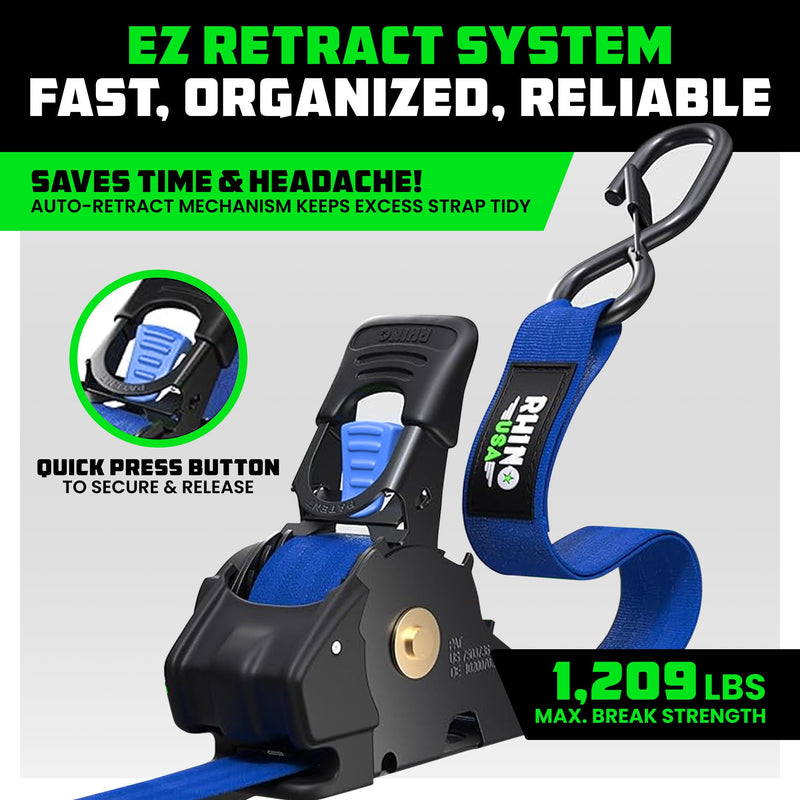 Rhino USA Retractable Ratchet Straps (4-Pack) - 1 Inch x 10 Feet (1,209lb Break Strength) - Auto Self Retracting Tie Down Straps for Truck, Cargo Trailer, Motorcycle, ATV, UTV - Blue