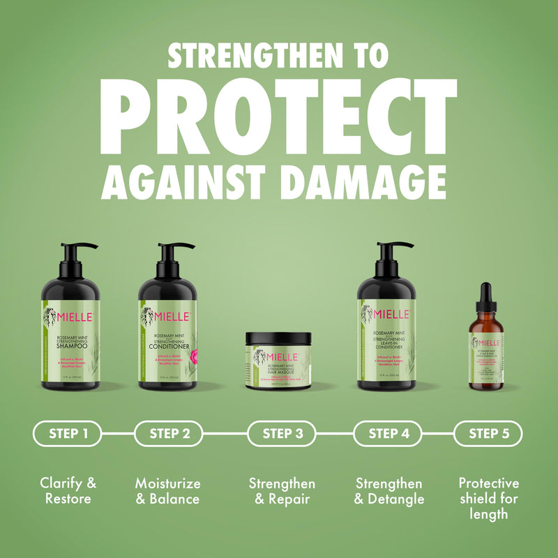 Mielle Organics Rosemary & Mint Hair Oil bottle, highlighting biotin formula for strengthening, frizz control, and dry scalp treatment.