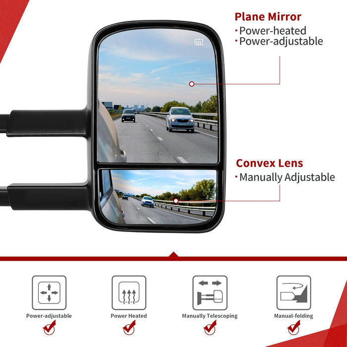 Towing Mirrors Compatible with 2014-2018 Chevy Silverado GMC Sierra 1500, 2015-2018 Silverado Sierra 2500 HD 3500 HD, Power Control Heated Manually Folding Telescoping Side Mirror Black