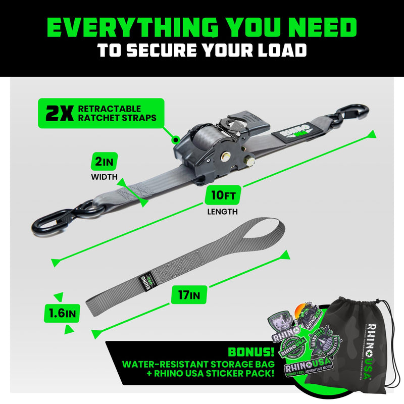 Rhino USA Retractable Ratchet Straps (2-Pack) - 2 Inch x 10 Feet (3,033lb Break Strength) - Heavy Duty Auto Self Retracting Tie Down Straps for Truck, Cargo Trailer, Motorcycle, Rad & More - Gray