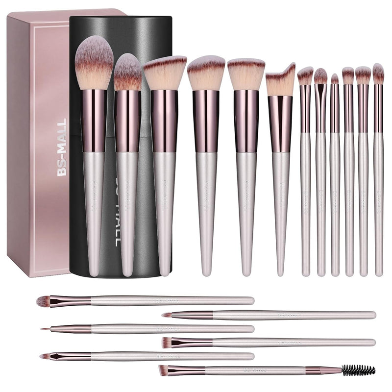 BS-MALL 18-piece makeup brush set with black case, includes foundation, powder, concealer, eye shadow, and blush brushes with synthetic bristles.