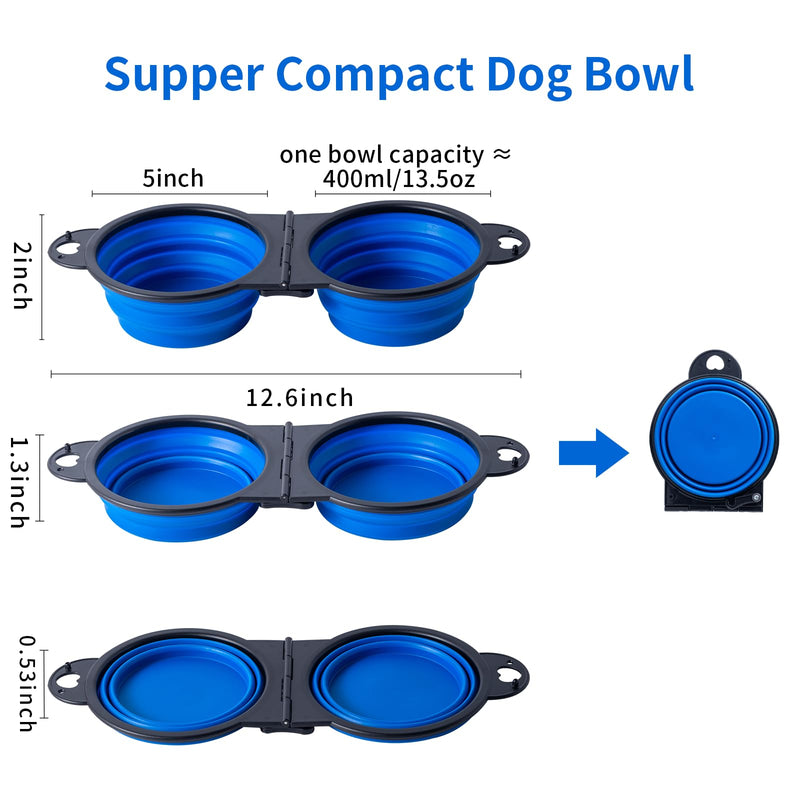 SLSON Collapsible Dog Dual Bowls Reinforced Rim 180 Degrees Flip Over Foldable Double Bowl with Lock Clips More Stable Dog Travel Bowls Pet Food Water Feeder (Blue)
