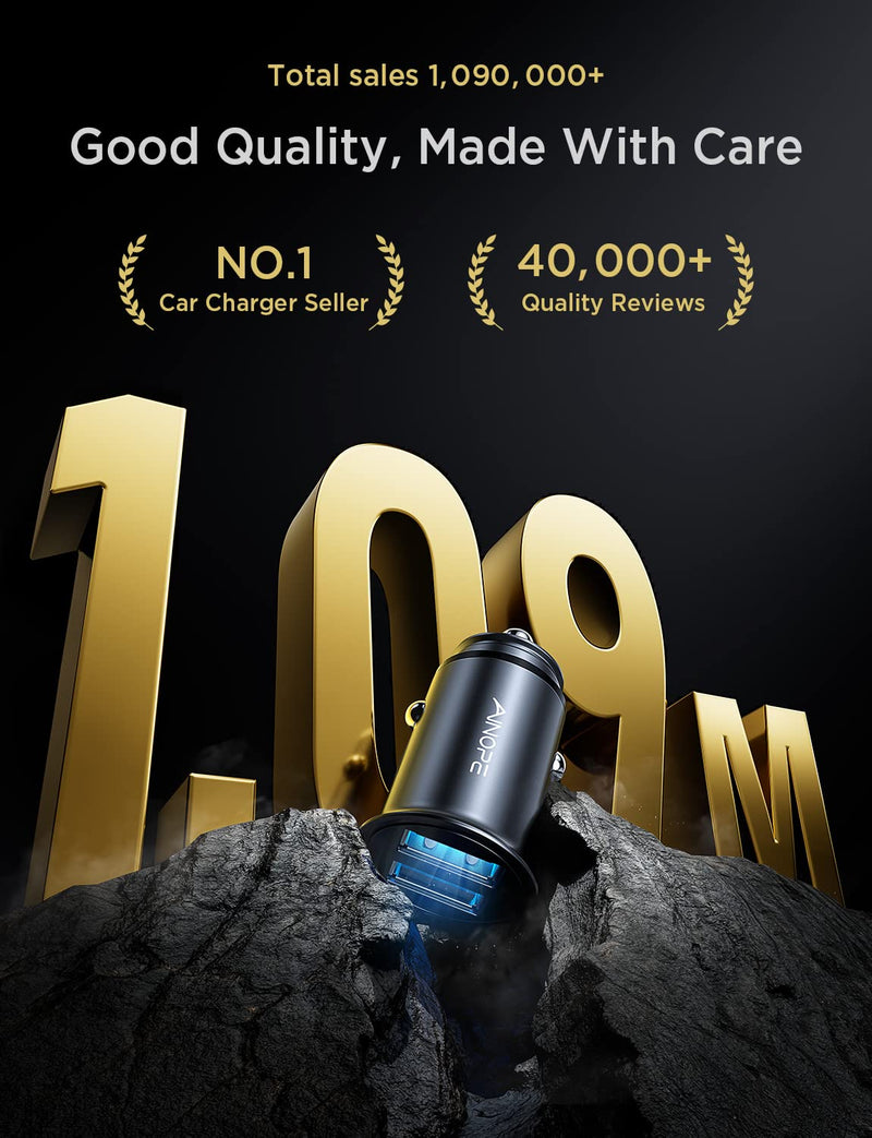 AINOPE Car Charger Adapter【Smallest Metal】 4.8A Cigarette Lighter USB Car Charger Adapter Dual Port 12V USB Outlet Flush Fit for iPhone 16 Pro Max/15/14 iPad Air Samsung Galaxy S25 S24 Ultra,Black