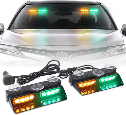 2 in 1 Emergency Dash Strobe Lights Interior Windshield Lights Amber White Warning Hazard Safety Flashing W/Suction Cups for Construction Vehicles, Trucks Car (2×7.16 Inch, 16 LED)