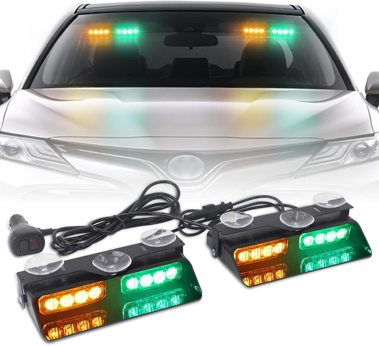 2 in 1 Emergency Dash Strobe Lights Interior Windshield Lights Amber White Warning Hazard Safety Flashing W/Suction Cups for Construction Vehicles, Trucks Car (2×7.16 Inch, 16 LED)
