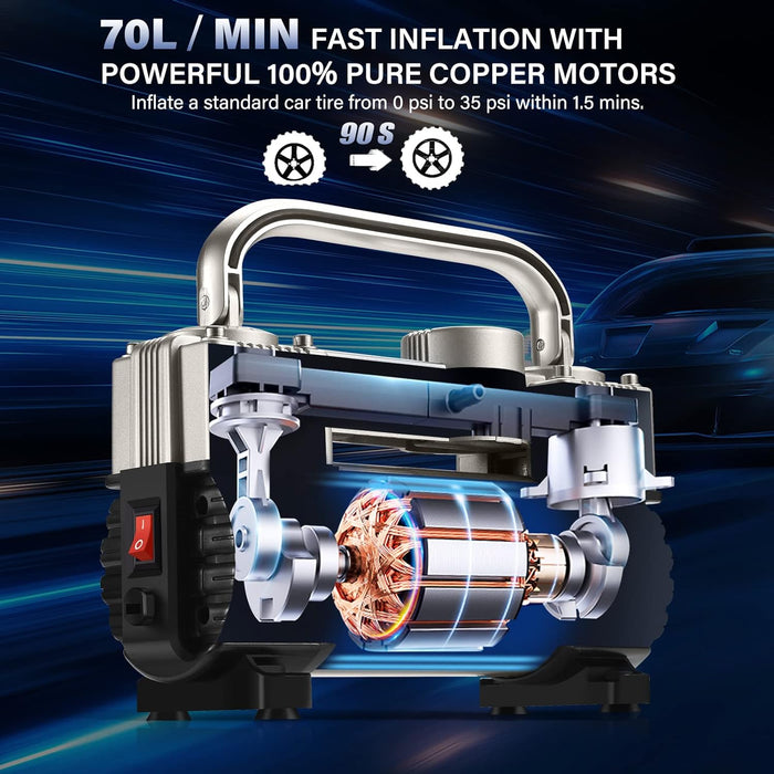Silver Tire Inflator Heavy Duty Double Cylinders with Portable Bag- Car Accessories，Metal 12V Air Compressor Pump 150PSI with Adapter for Car, Truck, SUV Tires, Dinghy, Air Bed Etc