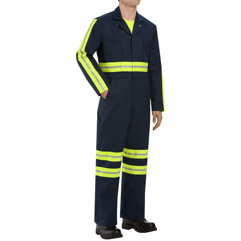 Red Kap Men's Enhanced Visibility Action Back Coverall, Navy with Yellow/Green Visibility Trim, 54