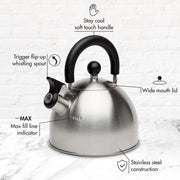 Primula Stewart Whistling Stovetop Tea Kettle Food Grade Stainless Steel, Hot Water Fast to Boil, Cool Touch Folding, 1.5-Quart, Brushed with Black Handle - Durrett Recovery