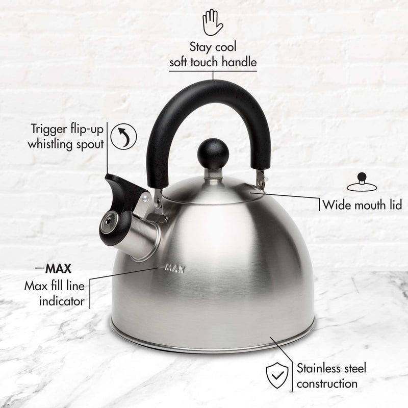 Primula Stewart Whistling Stovetop Tea Kettle Food Grade Stainless Steel, Hot Water Fast to Boil, Cool Touch Folding, 1.5-Quart, Brushed with Black Handle - Durrett Recovery