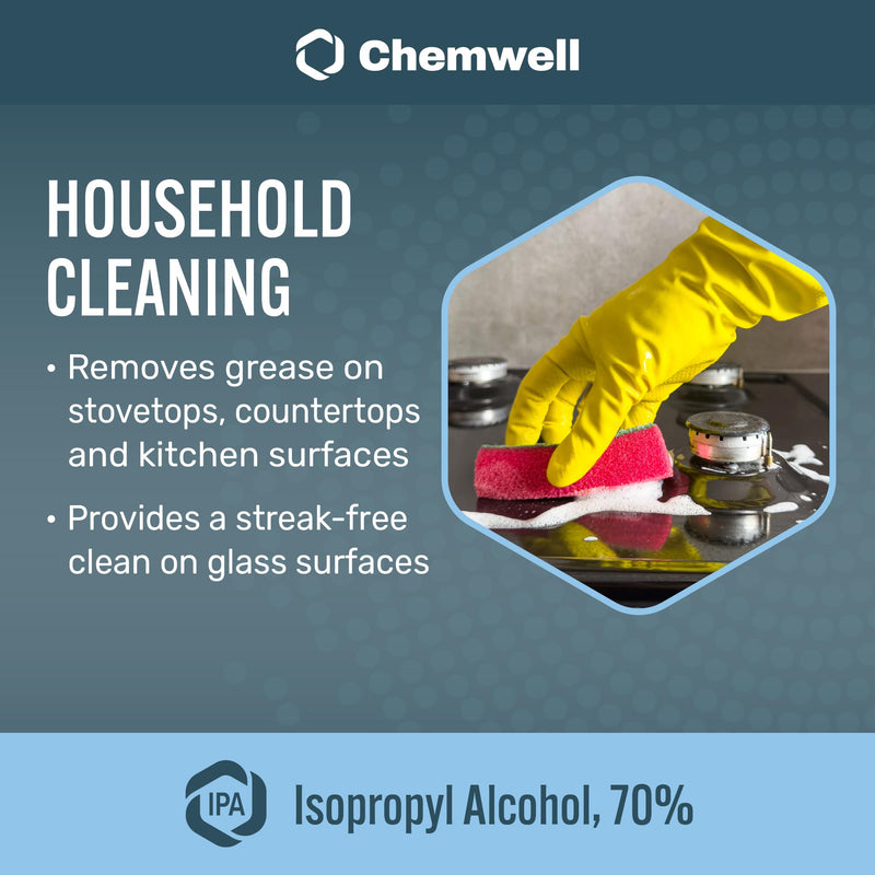 Chemwell 70% Isopropyl Alcohol bottle, high purity disinfectant and cleaning solvent in a 1-gallon container for home or commercial use