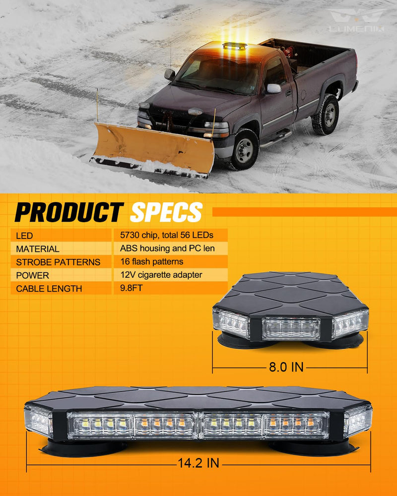 LUMENIX 56 LED roof top strobe beacon light bar with amber and white flashing lights for construction, emergency, and safety vehicles.