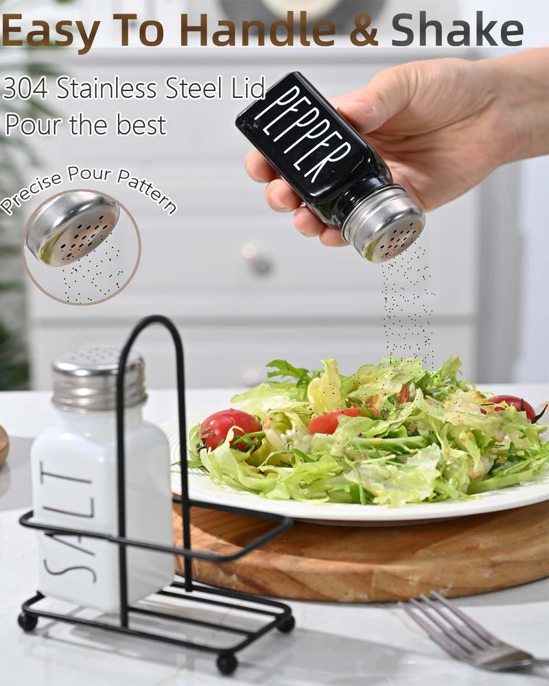 Black & White Glass Salt And Pepper Shakers Set With Stainless Steel Lid,Farmhouse Decor for Kitchen,Kitchen Gadgets for Thanksgiving,Cute Salt Shaker With Mental Holder,No Rubbing Off(BLACK & WHITE) - Durrett Recovery