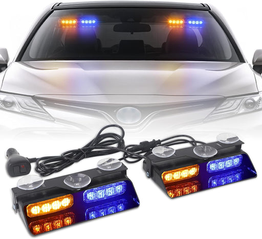 2 in 1 Emergency Dash Strobe Lights Interior Windshield Lights Amber White Warning Hazard Safety Flashing W/Suction Cups for Construction Vehicles, Trucks Car (2×7.16 Inch, 16 LED)