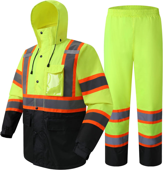 Hi-Vis Reflective Safety Rain Jacket and Pants for Men Women Waterproof Rain Gears for Farming Fishing Work HV Rain Suit with Inner Mesh Lining and Pockets (117-Black XL)