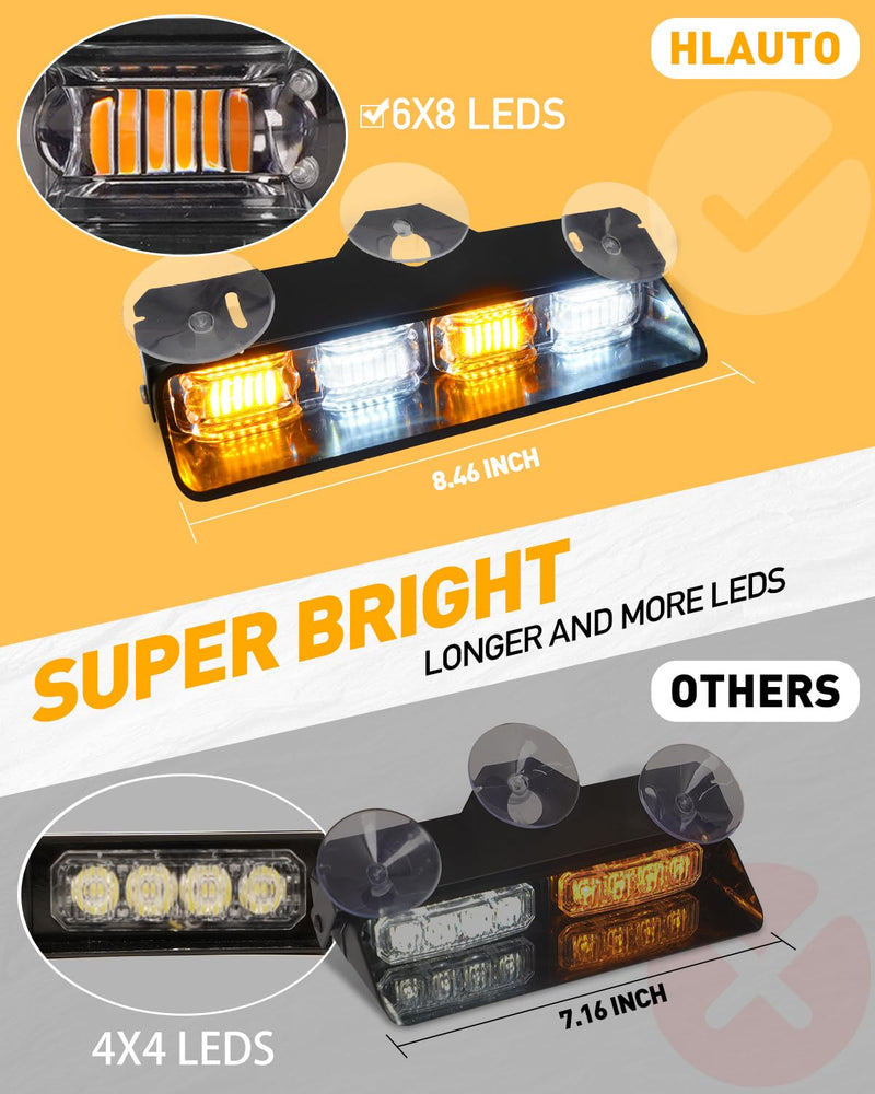 HLauto 2002L Emergency Dash Strobe Lights: Amber White Safety Lights, Flashing Warning Hazard Windshield Visor Traffic Light Bars for Trucks, Construction Vehicles (2x8.5 inch, 48LED)