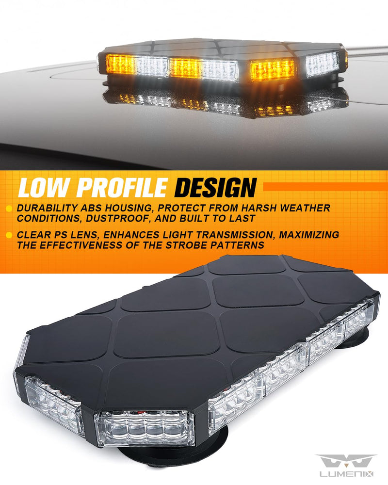 LUMENIX 56 LED roof top strobe beacon light bar in amber and white, emergency hazard warning light for construction and security vehicles