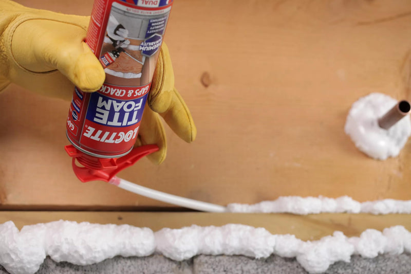 Loctite Tite Foam Gaps & Cracks spray foam sealant in 12 oz can, expanding polyurethane insulation for filling gaps and cracks.