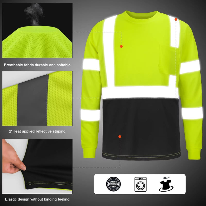 DPSAFETY High Visibility Class 3 T Shirts，Hi Vis Safety Shirts with Reflective Strips and Pocket, Long Sleeve Quick Dry Mesh Construction Work Shirt for Men/Women Black Bottom Lime，XL