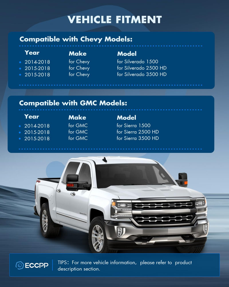 ECCPP towing mirrors for Chevy and GMC trucks, left and right side, power-adjusted, heated, with turn signal lights and black housing.