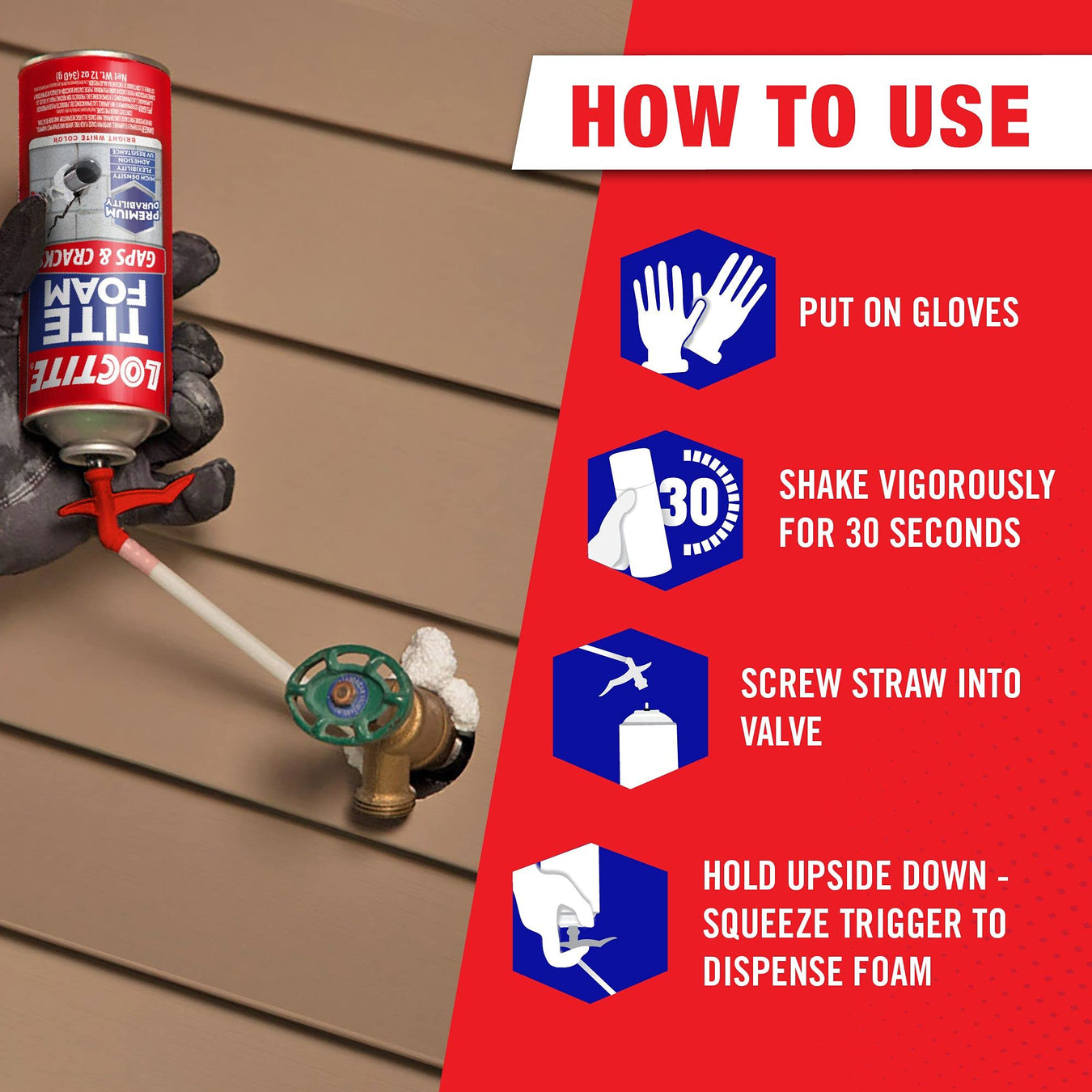 Loctite Tite Foam Gaps & Cracks spray foam sealant in a 12 fl oz can, expanding polyurethane insulation for sealing gaps and cracks.