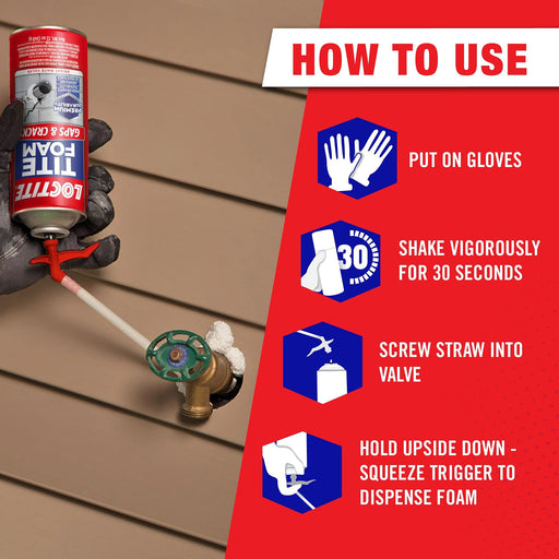 Loctite Tite Foam Gaps & Cracks spray foam sealant in a 12 fl oz can, expanding polyurethane insulation for sealing gaps and cracks.